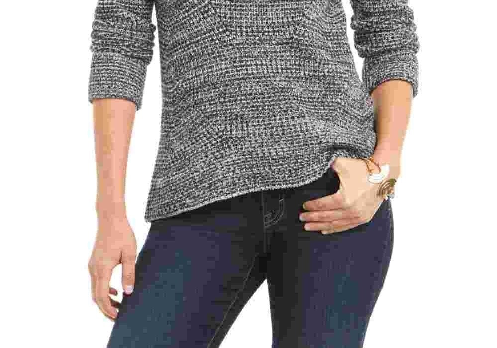 Suéter feminino texturizado mesclado manga comprida gola joia preto tamanho pequeno médio