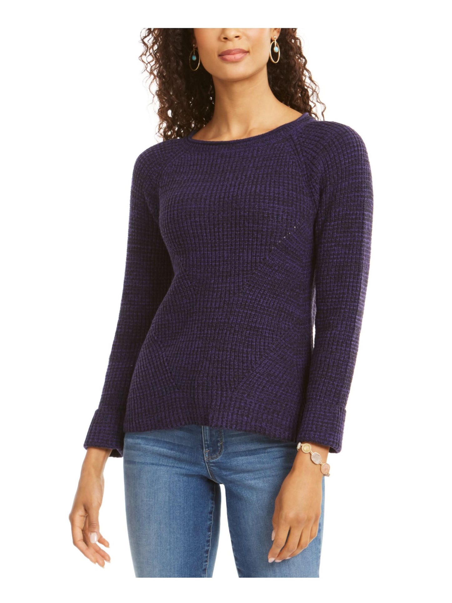 Suéter feminino texturizado de manga comprida com gola joia, roxo, tamanho pequeno, extragrande