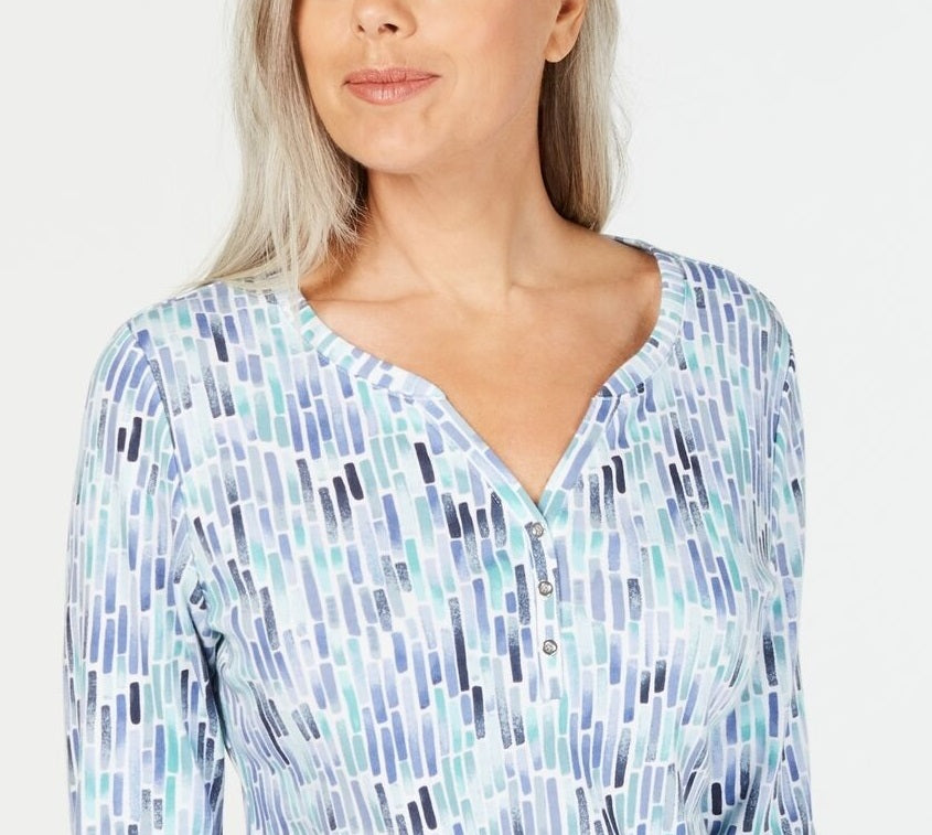 Karen Scott Blusa Henley Feminina Pequena com Estampa Aquarela Azul Escuro Tamanho P