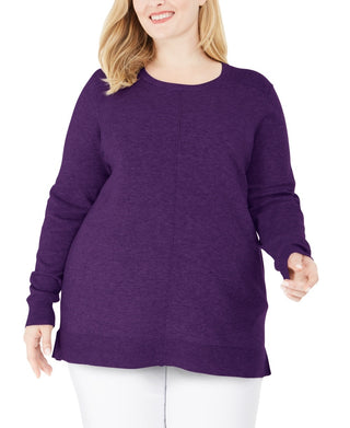 Karen Scott Suéter feminino plus size com decote redondo e costura, roxo, tamanho 3X