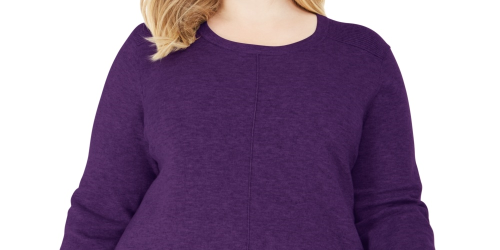 Karen Scott Suéter feminino plus size com decote redondo e costura, roxo, tamanho 3X