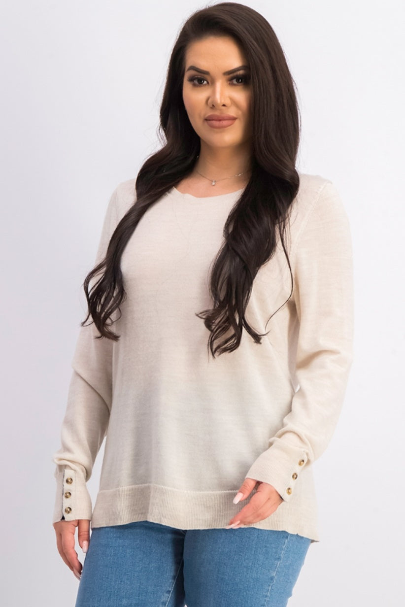 Suéter feminino Charter Club de lã merino com punho de botão e gola redonda, bege, tamanho extragrande