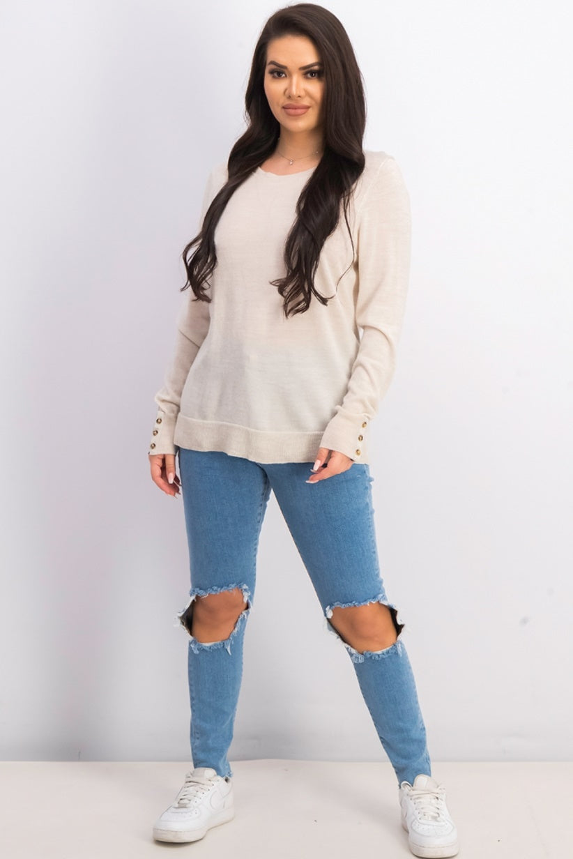 Suéter feminino Charter Club de lã merino com punho de botão e gola redonda, bege, tamanho extragrande