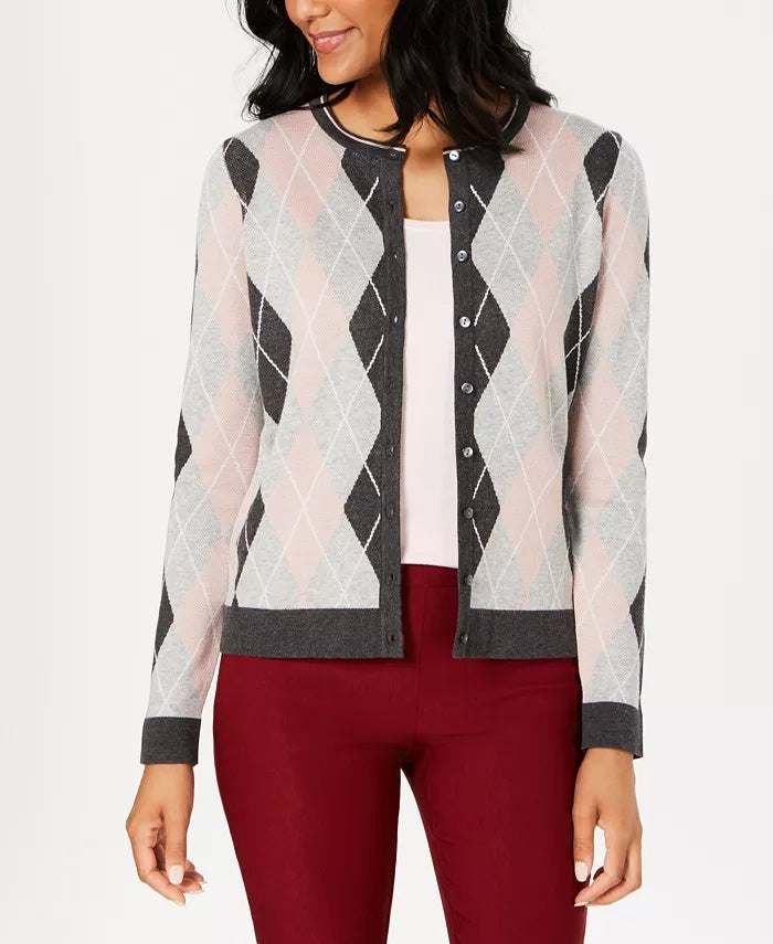 Cardigan feminino de malha argyle Charter Club cinza escuro tamanho pequeno