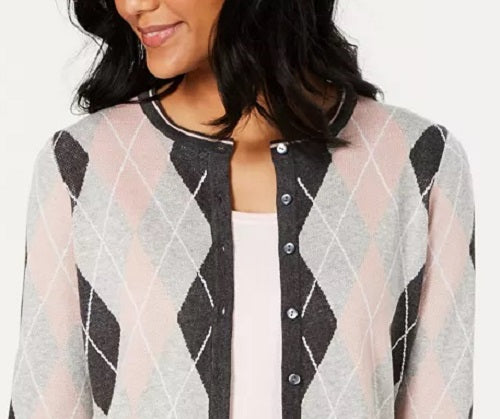 Cardigan feminino de malha argyle Charter Club cinza escuro tamanho pequeno