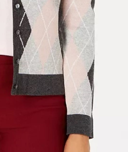 Cardigan feminino de malha argyle Charter Club cinza escuro tamanho pequeno