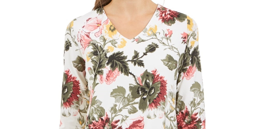 Charter Club Feminino Estampado Garden Gola V Top Branco Tamanho P