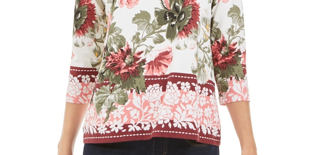 Charter Club Feminino Estampado Garden Gola V Top Branco Tamanho P