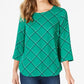 Top feminino estampado com manga 3/4, verde, tamanho pequeno