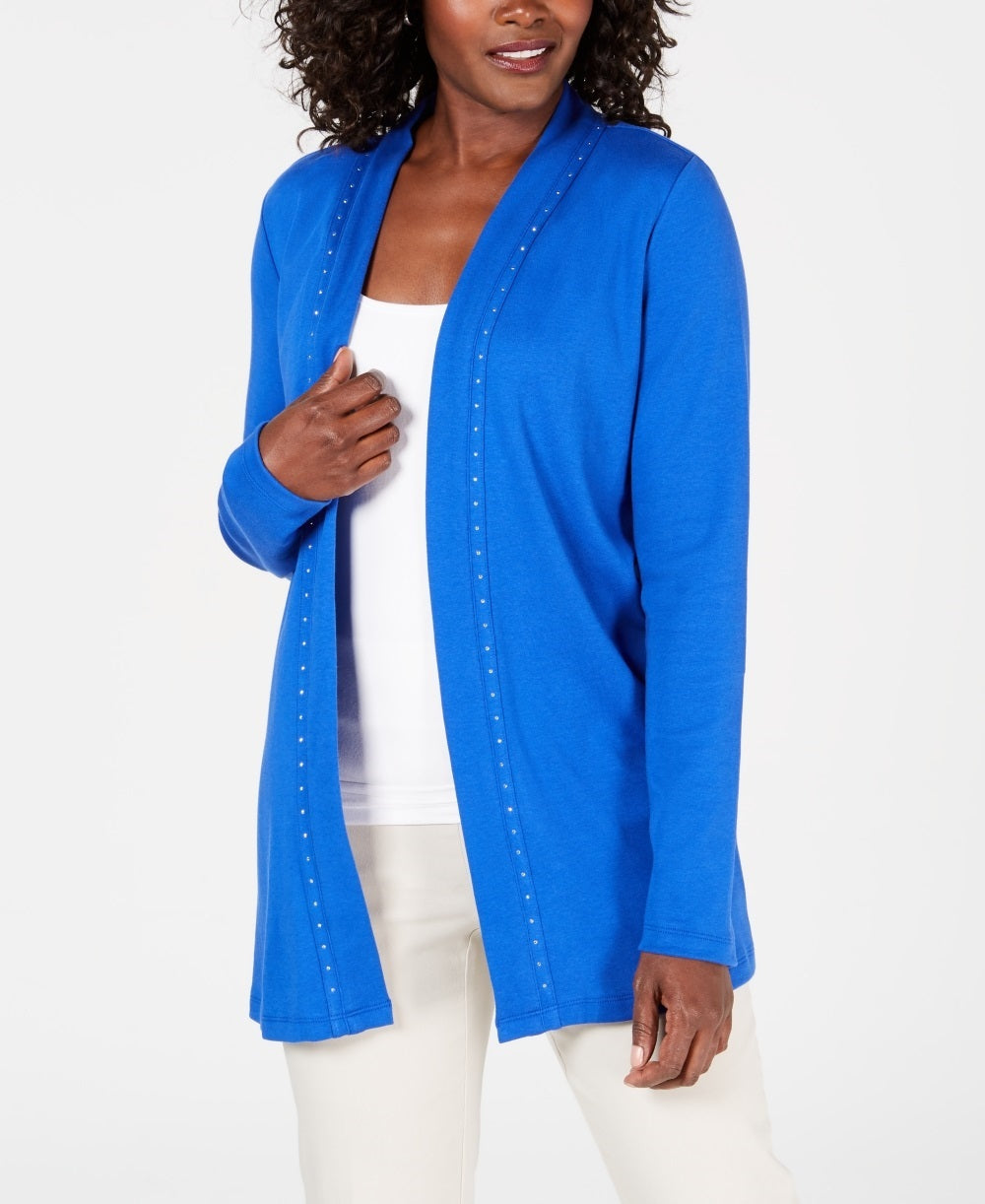Karen Scott Cardigan Feminino Petite Algodão com Tachas Azul Tamanho Petite Pequeno