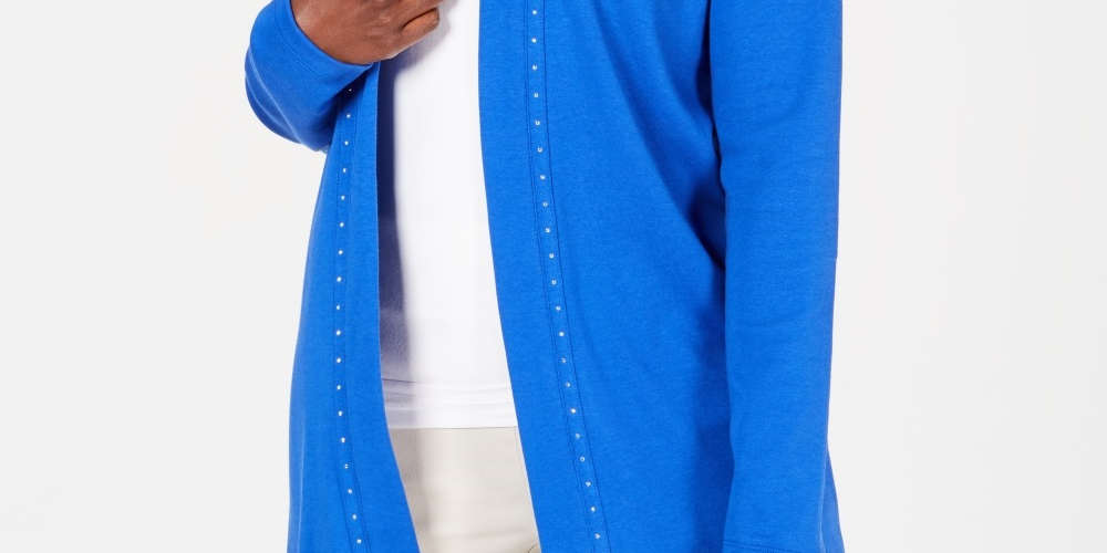 Karen Scott Cardigan Feminino Petite Algodão com Tachas Azul Tamanho Petite Pequeno