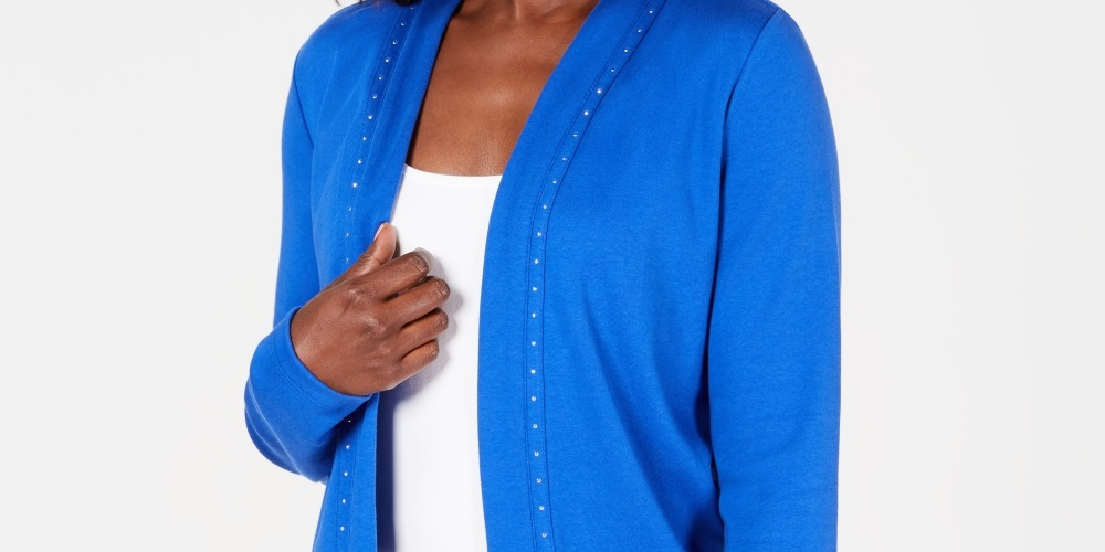 Karen Scott Cardigan Feminino Petite Algodão com Tachas Azul Tamanho Petite Pequeno