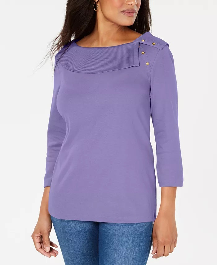Karen Scott Blusa feminina de algodão com gola xale e botões, roxa, tamanho grande