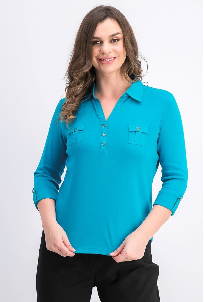 Camisa polo feminina Karen Scott manga 3/4 azul tamanho pequeno extragrande