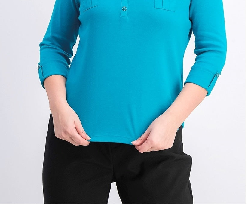 Camisa polo feminina Karen Scott manga 3/4 azul tamanho pequeno extragrande
