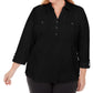 Polo Karen Scott feminino tamanho grande, de algodão, manga 3/4, preto, tamanho 0X
