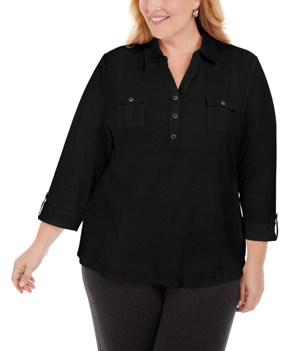 Polo Karen Scott feminino tamanho grande, de algodão, manga 3/4, preto, tamanho 0X