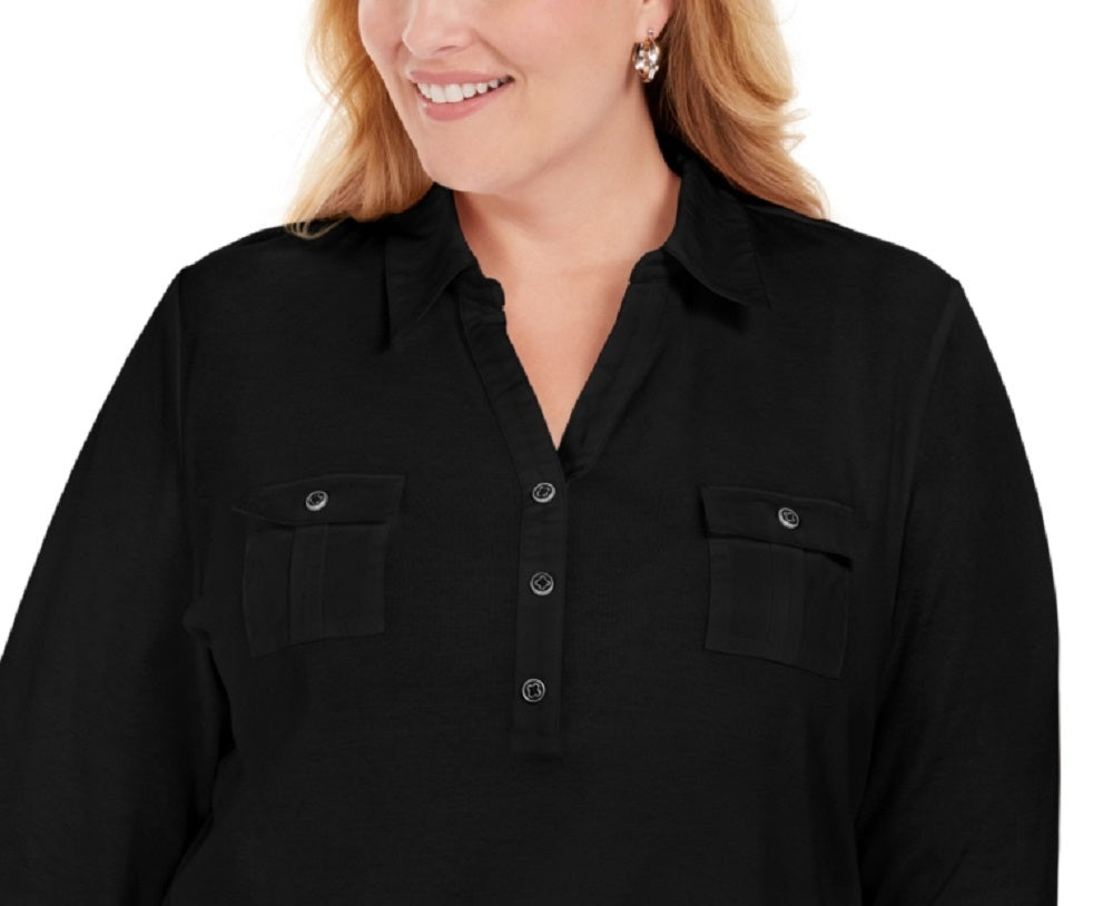 Polo Karen Scott feminino tamanho grande, de algodão, manga 3/4, preto, tamanho 0X