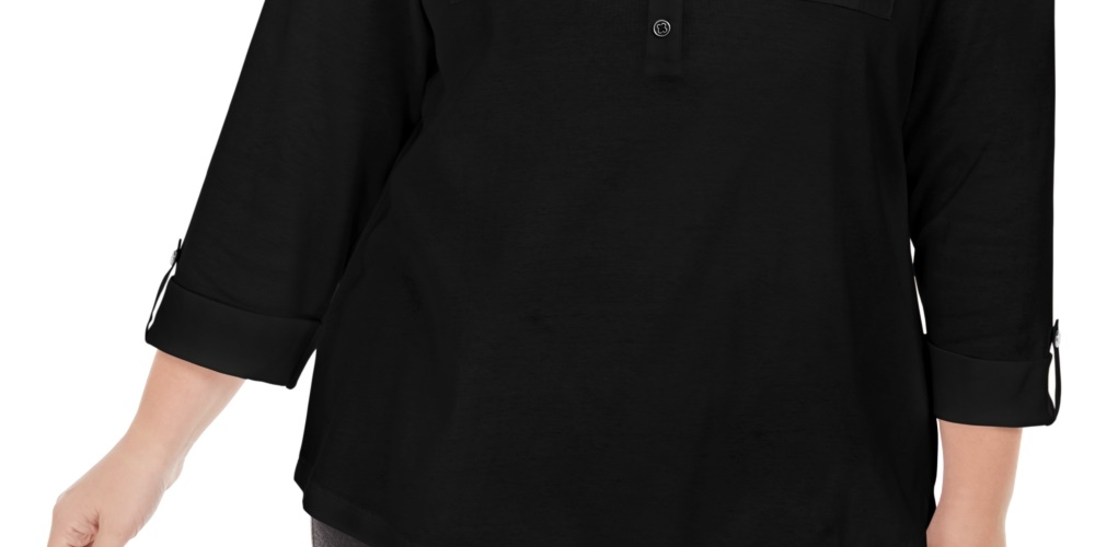 Polo Karen Scott feminino tamanho grande, de algodão, manga 3/4, preto, tamanho 0X