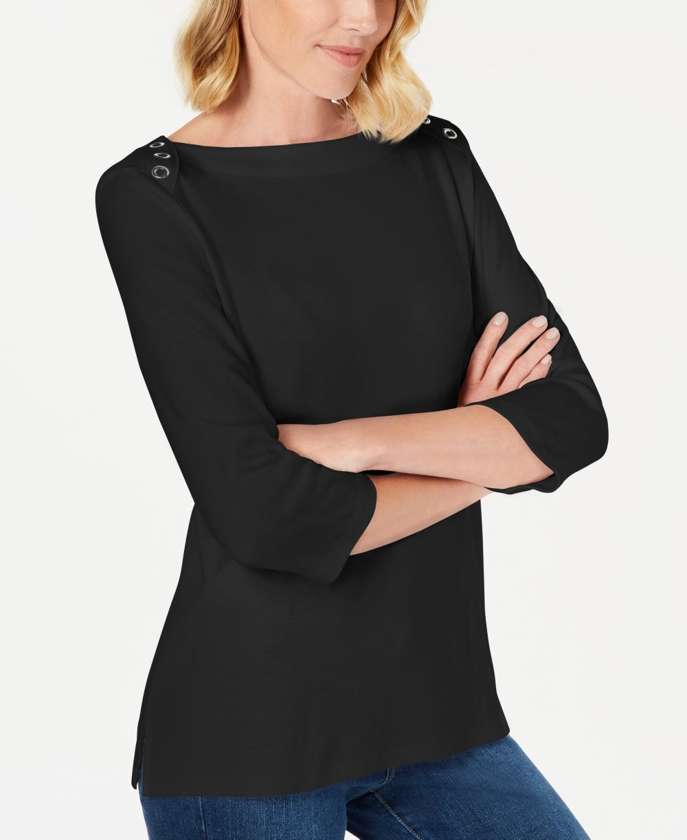 Karen Scott Top Feminino Manga 3/4 com Acabamento em Ilhós Preto Tamanho XS