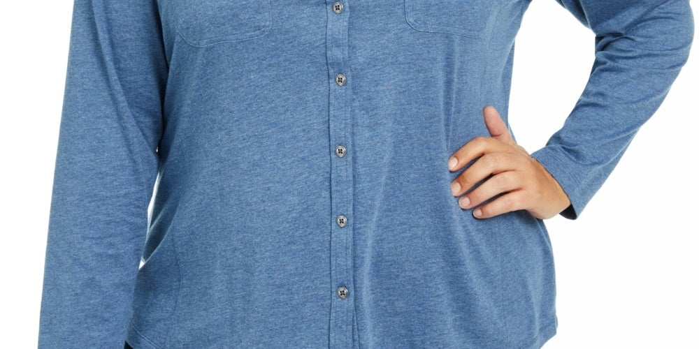 Karen Scott Blusa feminina com gola e botões na frente, azul, tamanho 1X