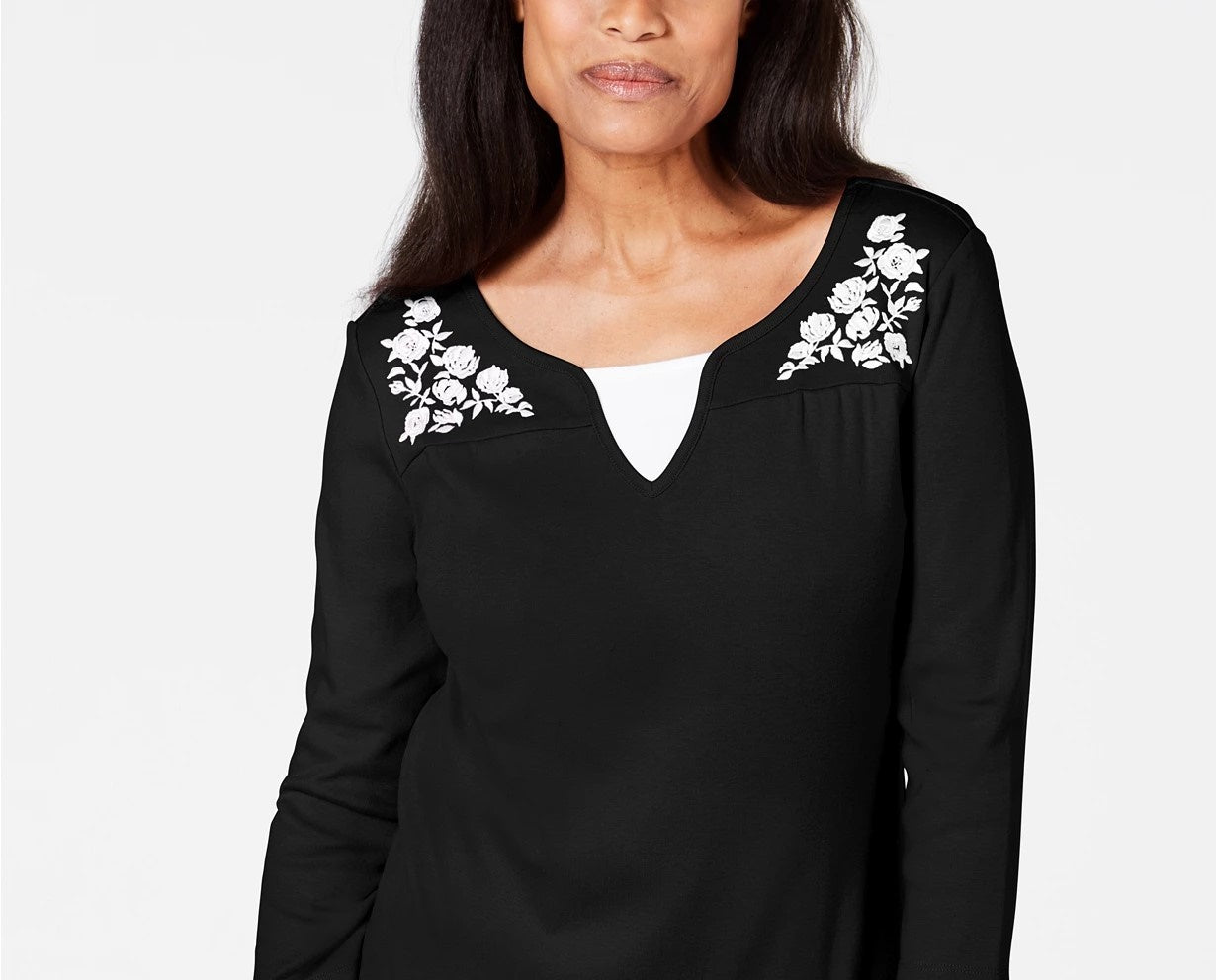 Karen Scott Top feminino pequeno de algodão bordado com aparência em camadas, preto, tamanho pequeno