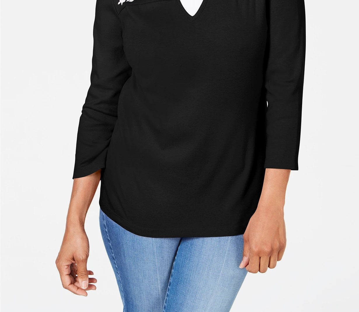 Karen Scott Top feminino pequeno de algodão bordado com aparência em camadas, preto, tamanho pequeno