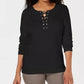 Karen Scott Blusa de algodão com cadarço feminina, preta, tamanho pequeno