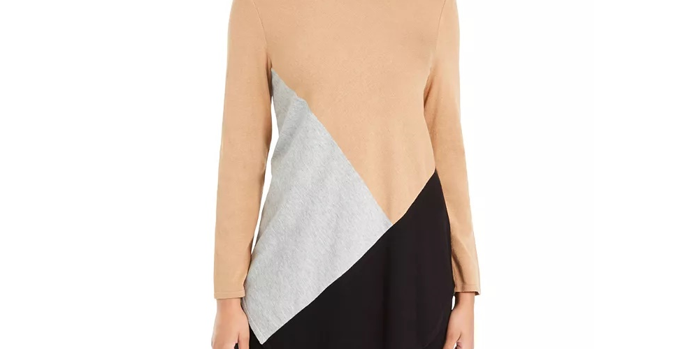 Suéter feminino Alfani assimétrico com blocos de cores marrom tamanho grande