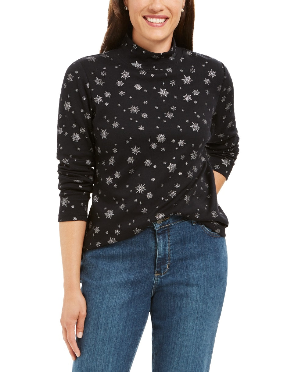 Karen Scott Blusa Feminina Snowy Glory Gola Falsa Preta Tamanho Pequeno-Médio