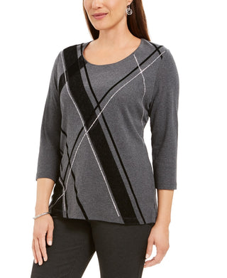 Karen Scott Women's Angled Stripe Top Charcoal Size X-Small