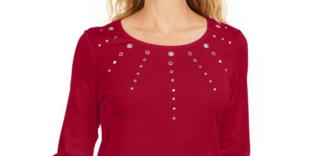 Karen Scott Top Feminino de Algodão com Ilhós e Ferragens, Vermelho, Tamanho Pequeno