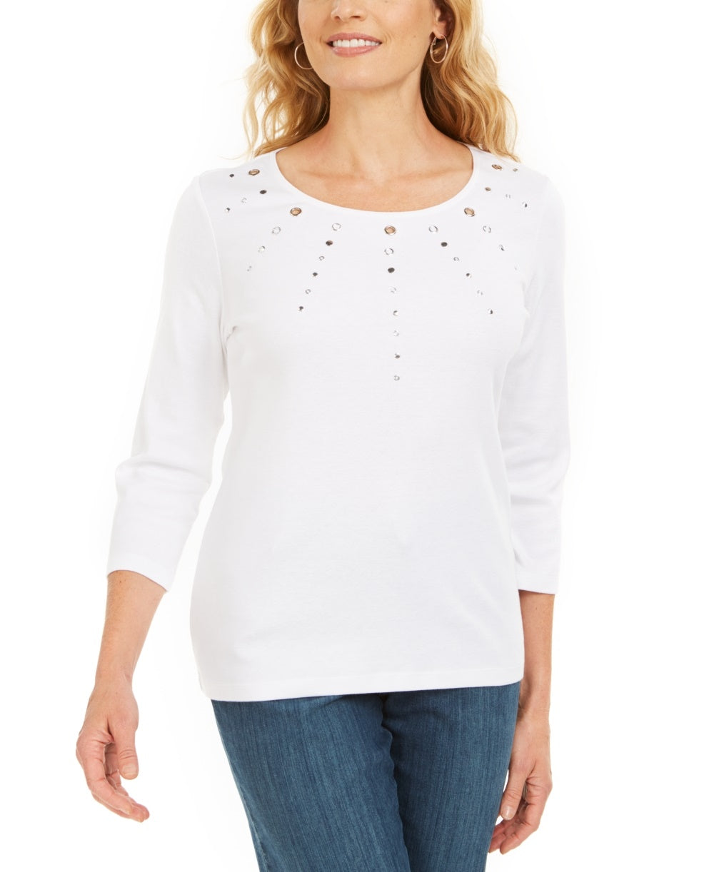 Karen Scott Top Feminino de Algodão com Ilhós e Ferragens, Branco, Tamanho Pequeno