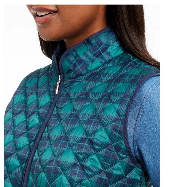 Colete esportivo feminino Karen Scott xadrez puffer azul-marinho tamanho grande