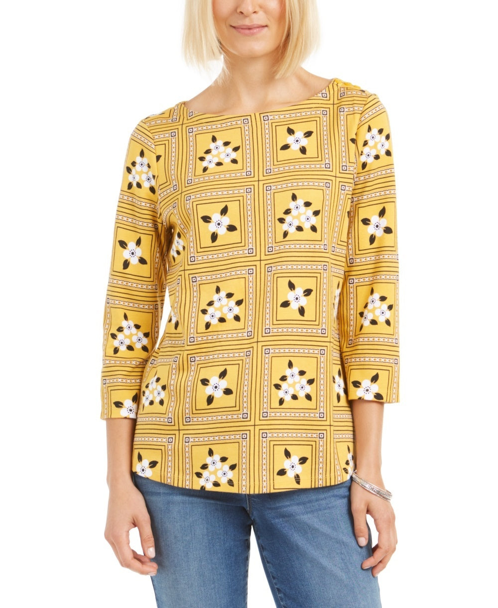 Blusa feminina com estampa de azulejos Charter Club, tamanho médio, dourada