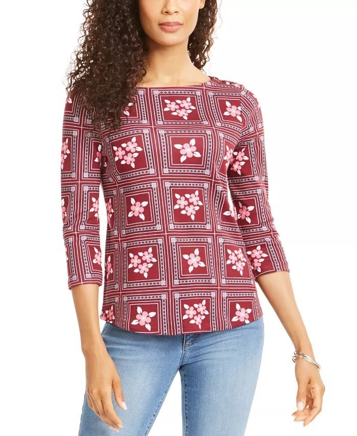 Charter Club Blusa de algodão estampada feminina com manga 3/4, vermelha, tamanho pequeno grande