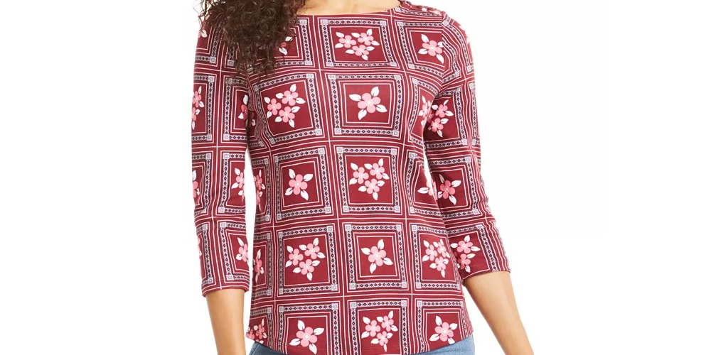 Charter Club Blusa de algodão estampada feminina com manga 3/4, vermelha, tamanho pequeno grande
