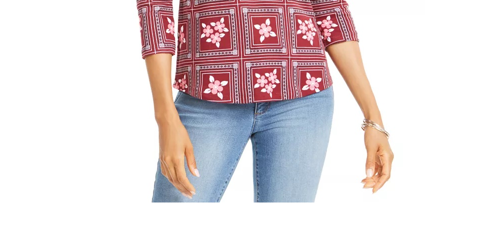 Charter Club Blusa feminina de algodão estampada com manga 3/4, vermelha, tamanho pequeno, extragrande