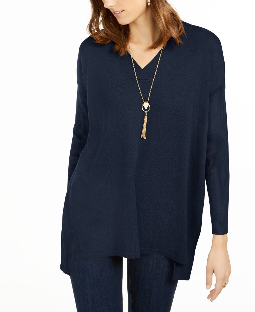 Suéter túnica feminino com decote em V estilo &amp; co, azul marinho, tamanho pequeno