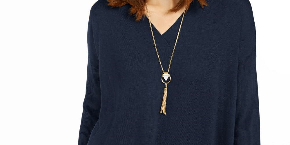 Suéter túnica feminino com decote em V estilo &amp; co, azul marinho, tamanho pequeno