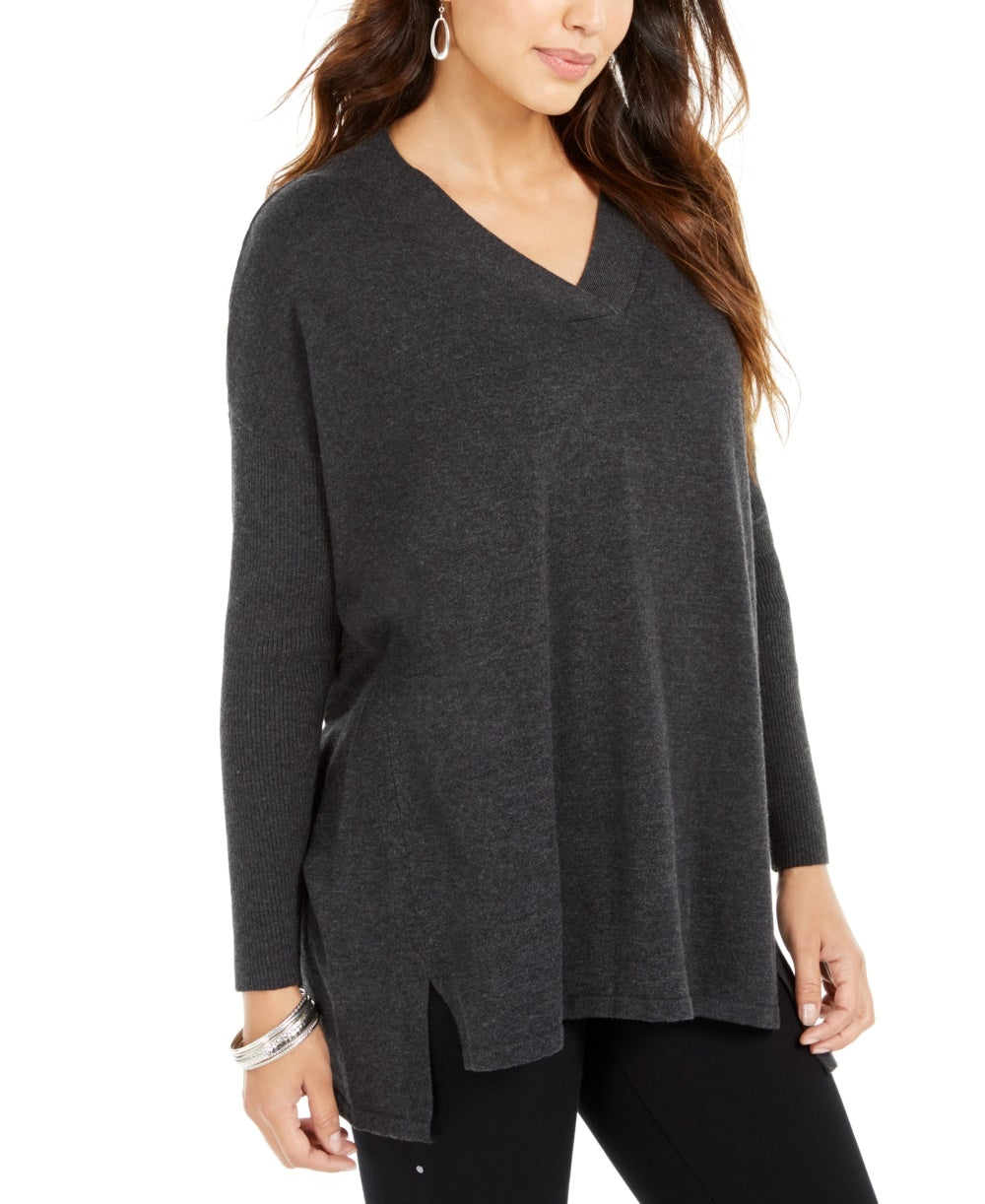 Suéter túnica feminino com decote em V estilo &amp; co, cinza escuro, tamanho médio