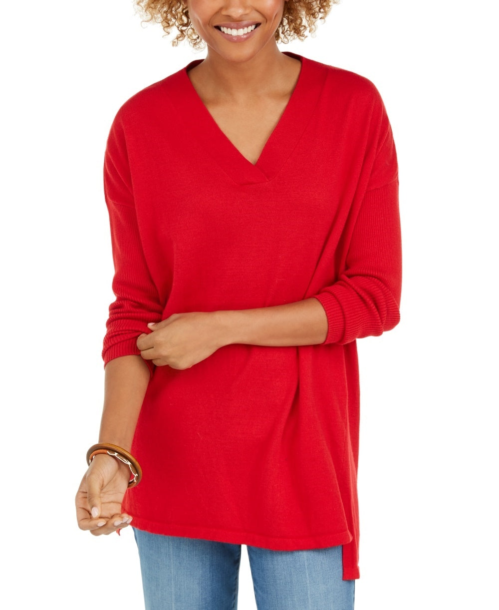 Suéter túnica feminino com decote em V, estilo &amp; co, vermelho, tamanho médio