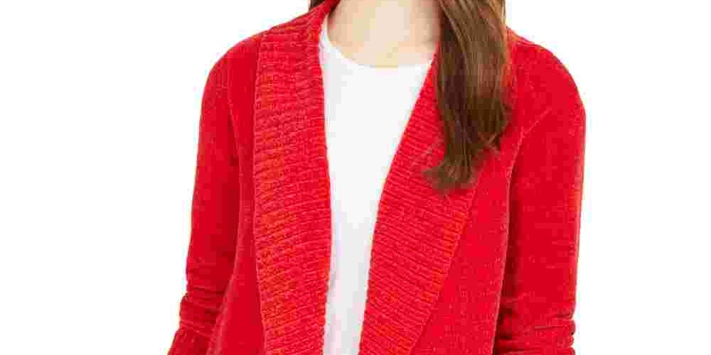 Cardigan feminino estilo &amp; co com gola xale em chenille, vermelho, tamanho pequeno grande