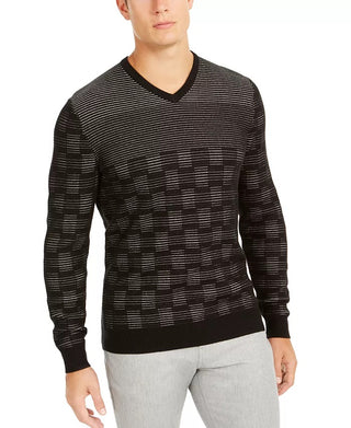 Suéter Alfani Masculino Classic-Fit com Xadrez Metálico e Gola V, Preto, Tamanho X-G