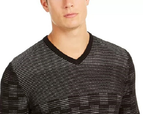 Suéter Alfani Masculino Classic-Fit com Xadrez Metálico e Gola V, Preto, Tamanho X-G