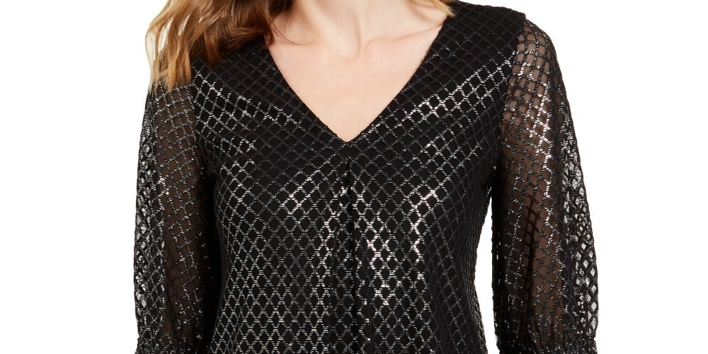 Blusa feminina Alfani com estampa metálica e manga franzida, preta, tamanho pequeno
