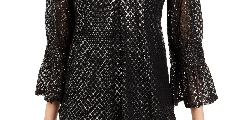 Blusa feminina Alfani com estampa metálica e manga franzida, preta, tamanho pequeno