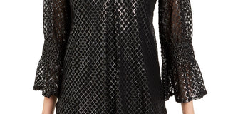 Blusa feminina Alfani com estampa metálica e manga franzida, preta, tamanho pequeno