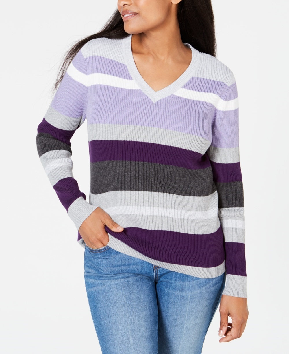 Karen Scott Suéter Feminino de Algodão com Decote em V e Canelado Roxo Tamanho XXG