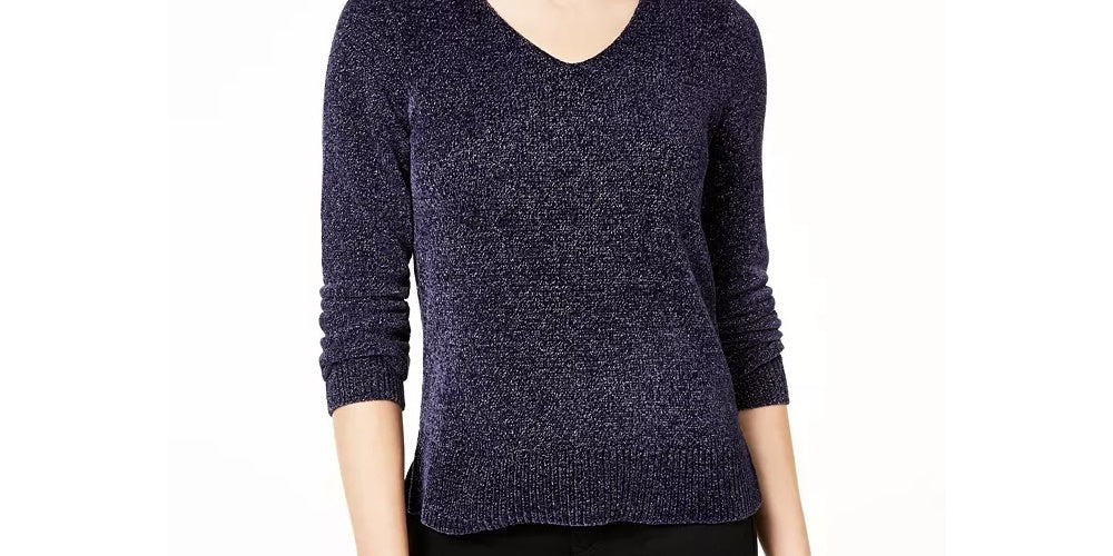 Suéter feminino metálico com decote em V Maison Jules, azul-marinho, tamanho XX-G